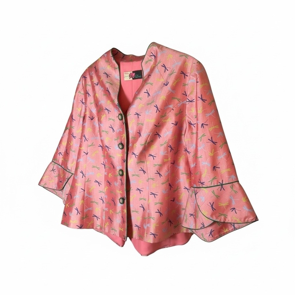Teal Lotus Dragonfly Print Art to Wear Jacket Bell Sleeve Pink Blazer M - Picture 3 of 11